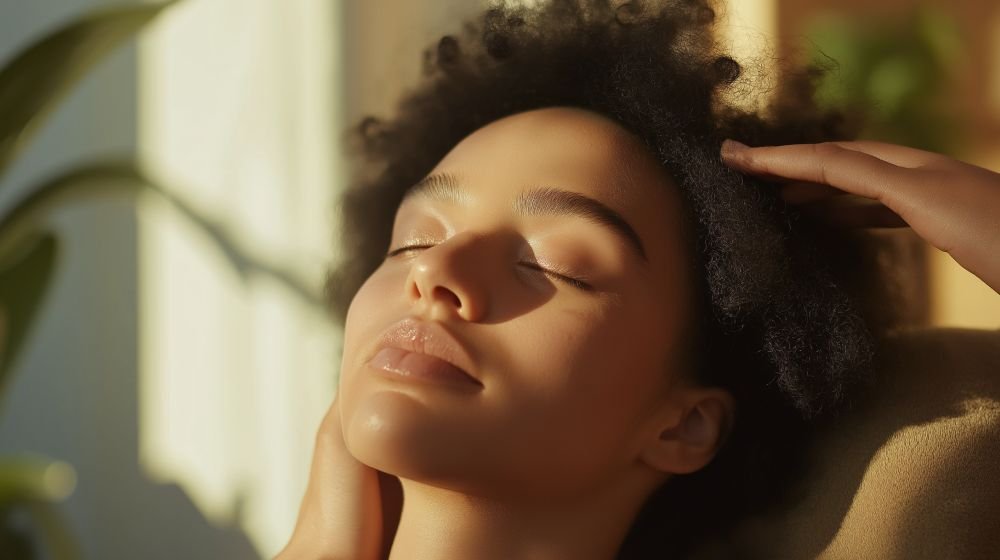 Serene anti-stress facial massage focusing on soothing techniques to relax the client’s facial muscles and reduce tension.