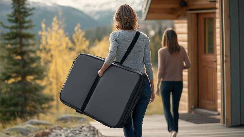 Facial massage therapist carrying a folded massage table toward a house surrounded by Yukon’s natural beauty.