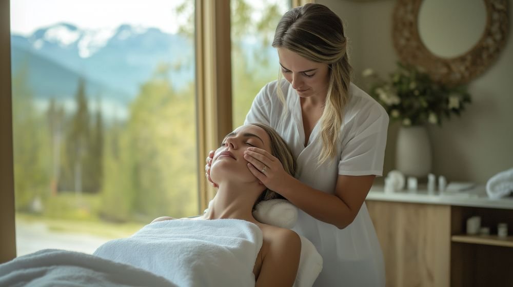 Massage thrapist providing a personalized facial massage in a comfortable, elegant home setting with premium skincare tools.