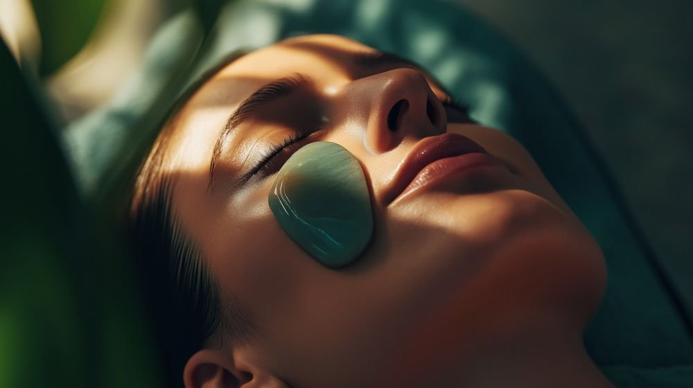 Gua Sha facial massage using a jade tool to sculpt and refresh the skin.